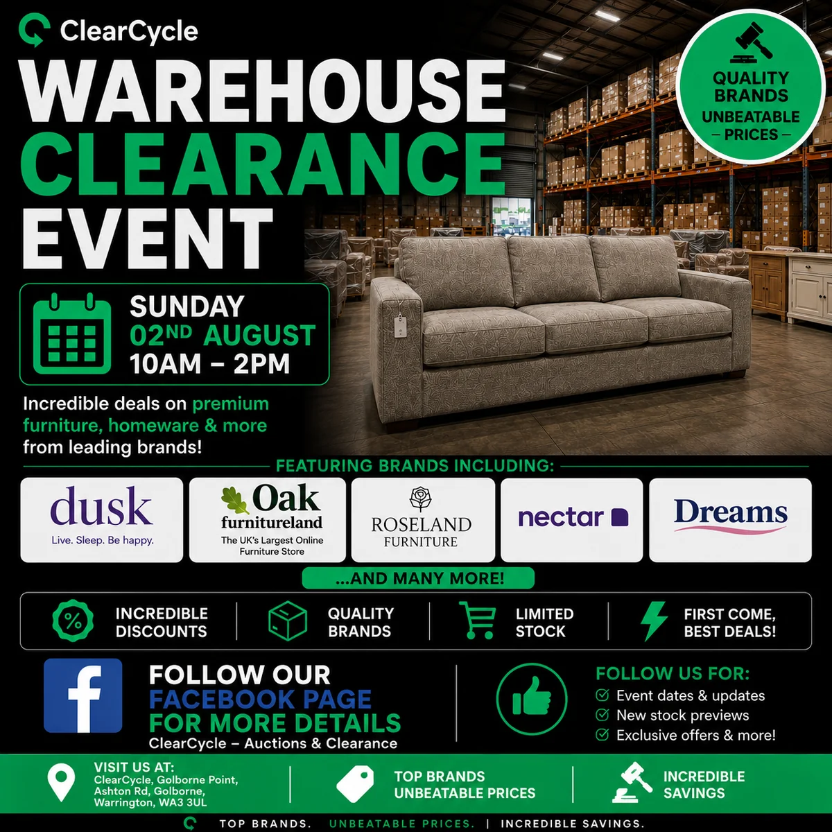 ClearCycle furniture warehouse clearance sale in Golborne, Warrington